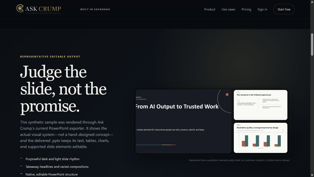 The live Ask Crump presentation page showing representative exporter output
