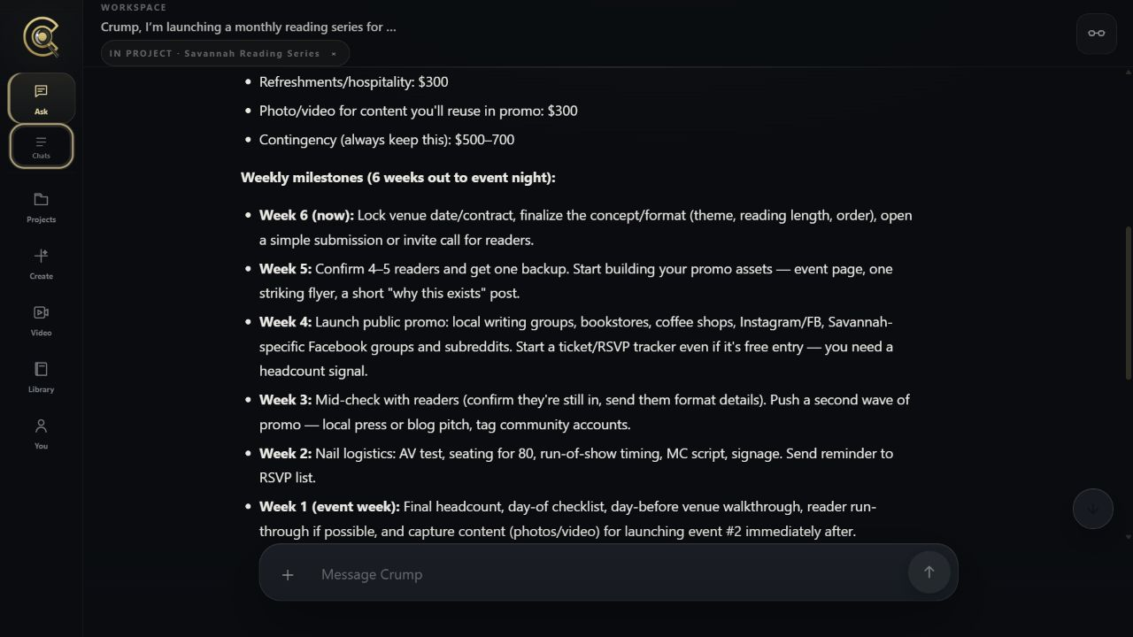 The live Ask Crump response showing budget items and six weekly milestones for the fictional launch plan