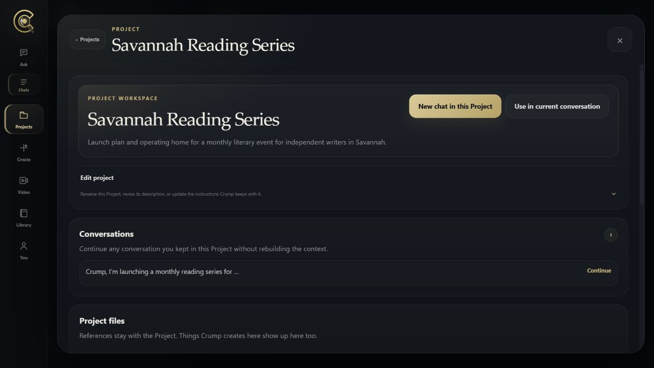 The fictional Savannah Reading Series Project with one connected planning conversation in Ask Crump