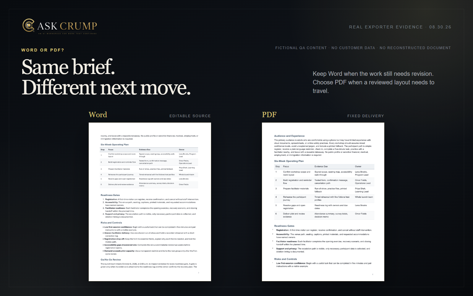 Side-by-side real Word and PDF pages generated from the same fictional Harborlight brief
