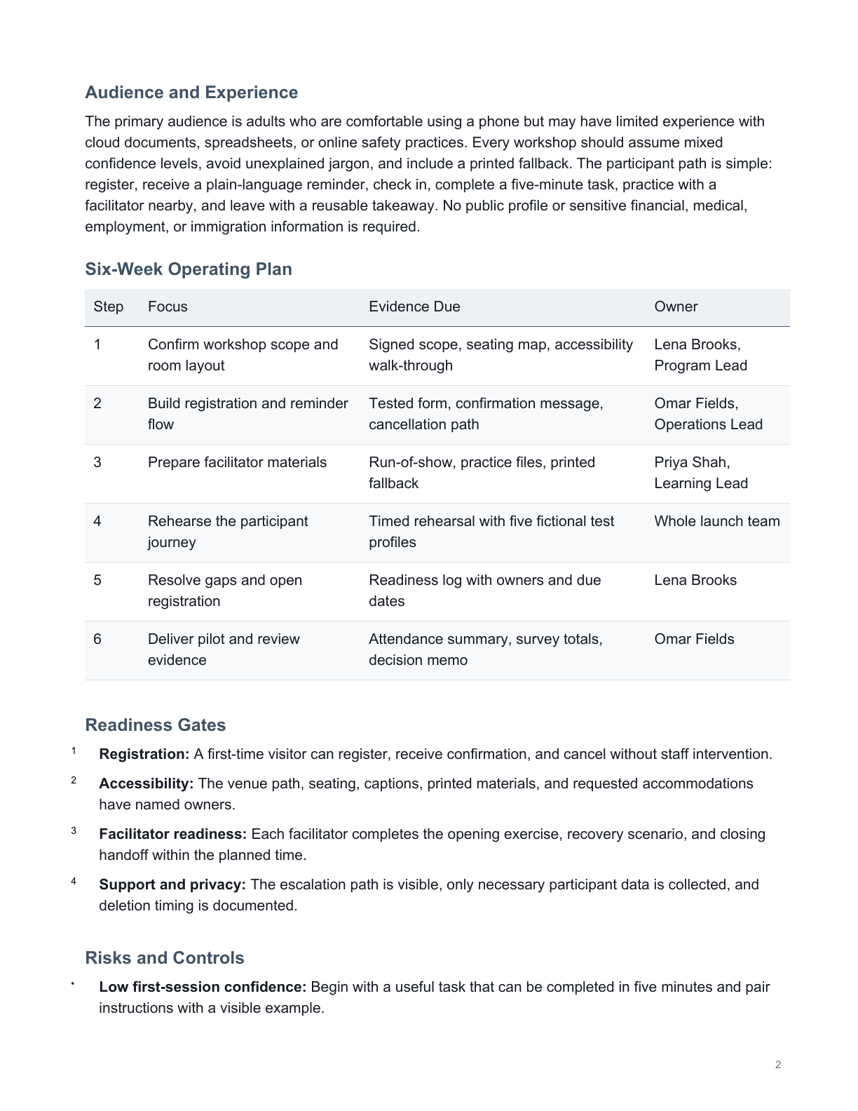 Page two of the fictional Harborlight brief rendered from the direct PDF exporter, with Risks and Controls kept beside its first list item