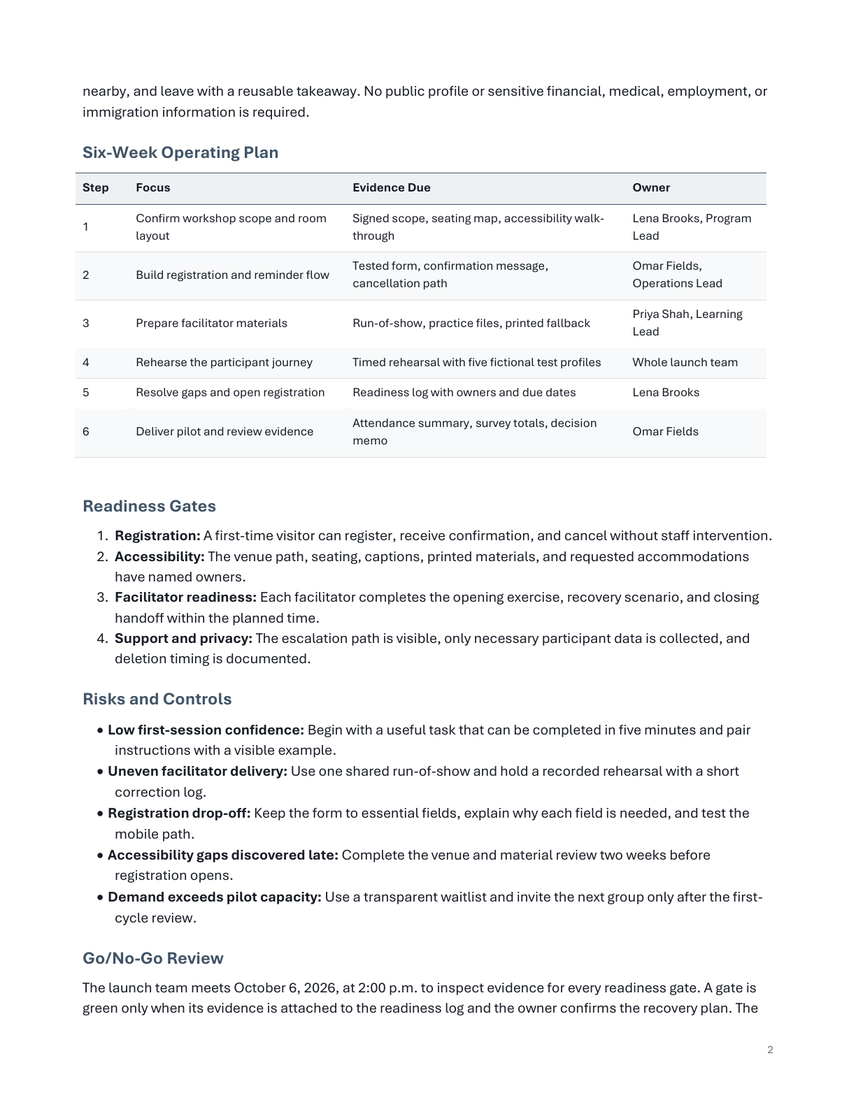 Page two of the fictional Harborlight brief rendered by Microsoft Word, with the Six-Week Operating Plan clearly separated from the preceding paragraph
